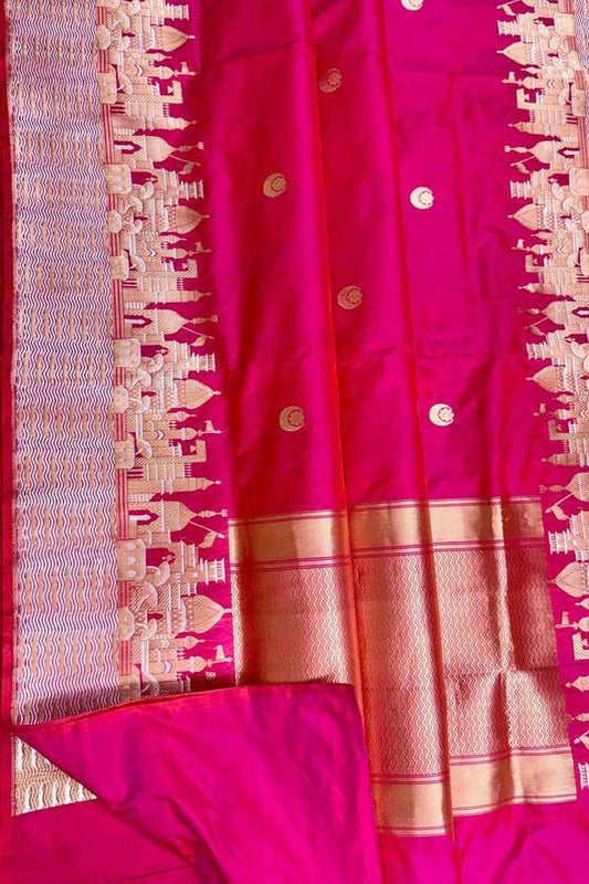 Exquisite Pink Banarasi Handloom Pure Katan Silk Ghat Design Saree - Luxurion World