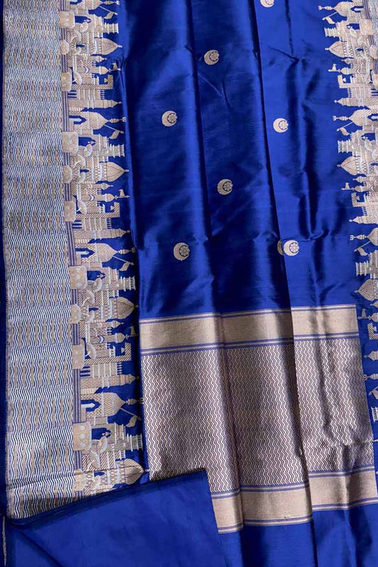 Elegant Blue Banarasi Handloom Pure Katan Silk Ghat Design Saree - Luxurion World