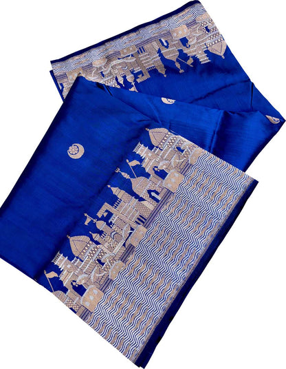 Elegant Blue Banarasi Handloom Pure Katan Silk Ghat Design Saree - Luxurion World