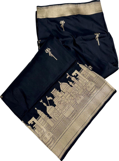 Elegant Black Banarasi Handloom Pure Katan Silk Ghat Design Saree - Luxurion World