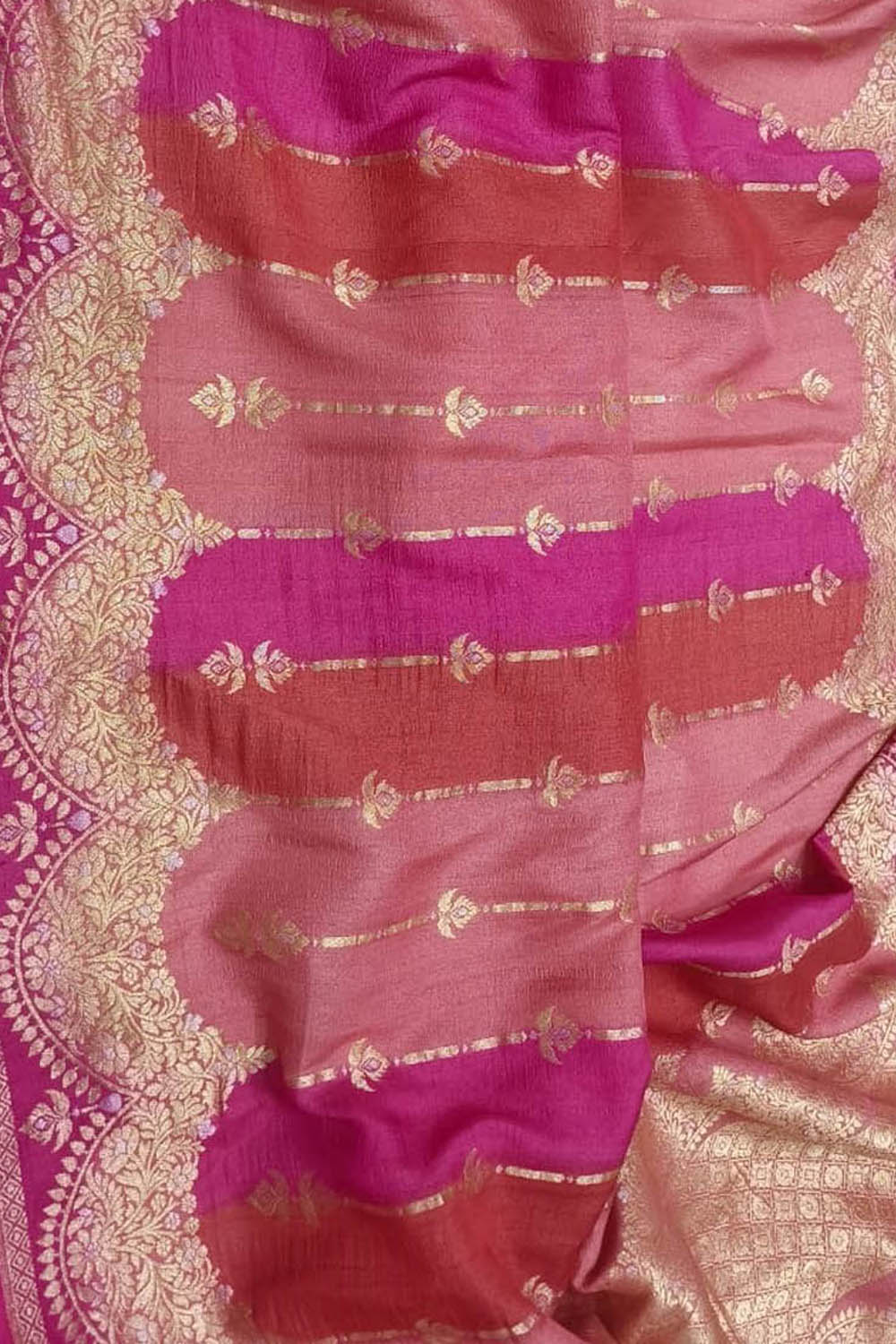 Stunning Pink & Red Banarasi Handloom Pure Tussar Georgette Saree - Luxurion World
