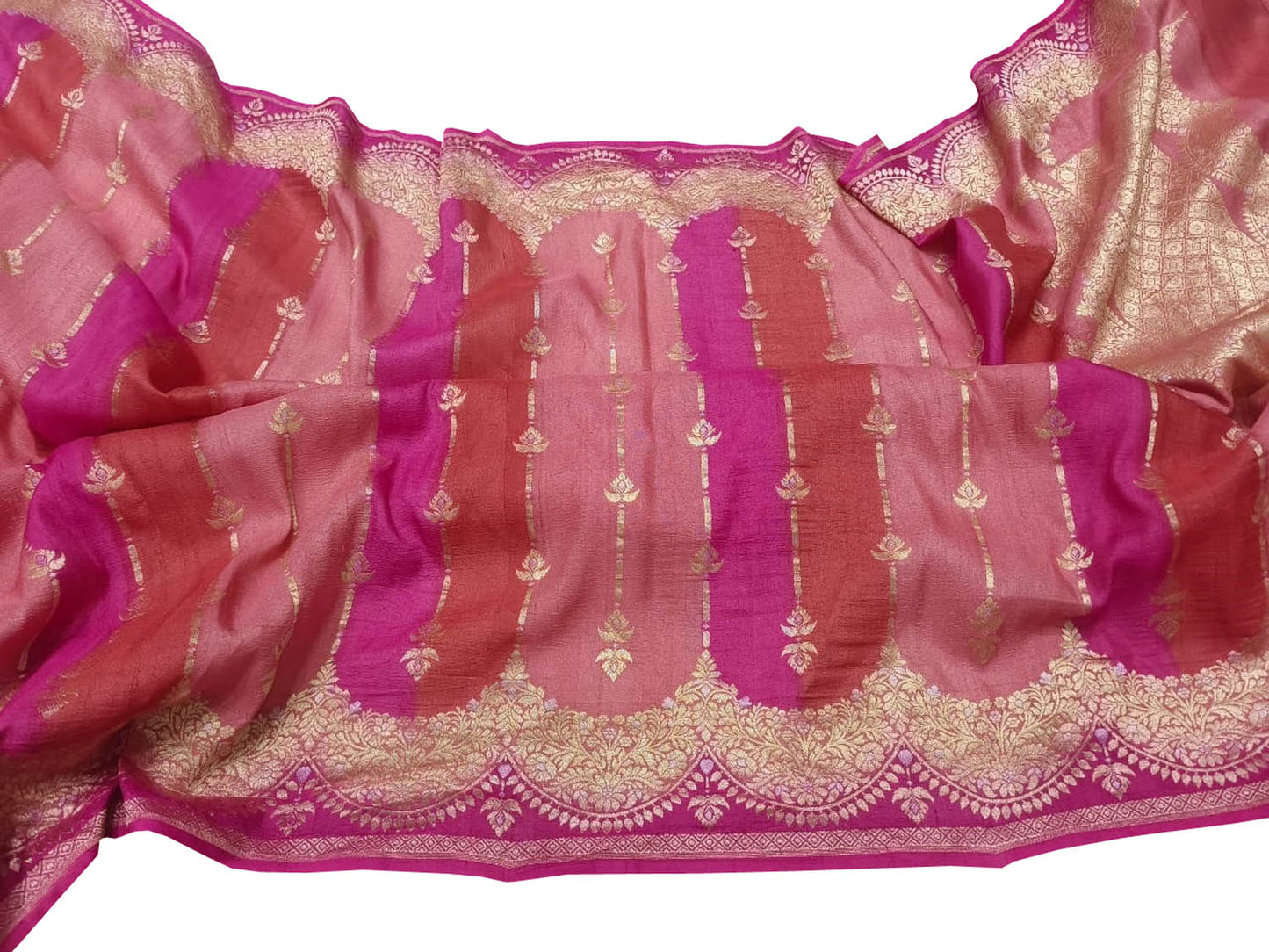 Stunning Pink & Red Banarasi Handloom Pure Tussar Georgette Saree - Luxurion World