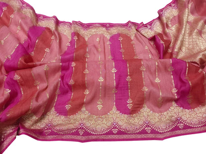 Stunning Pink & Red Banarasi Handloom Pure Tussar Georgette Saree - Luxurion World
