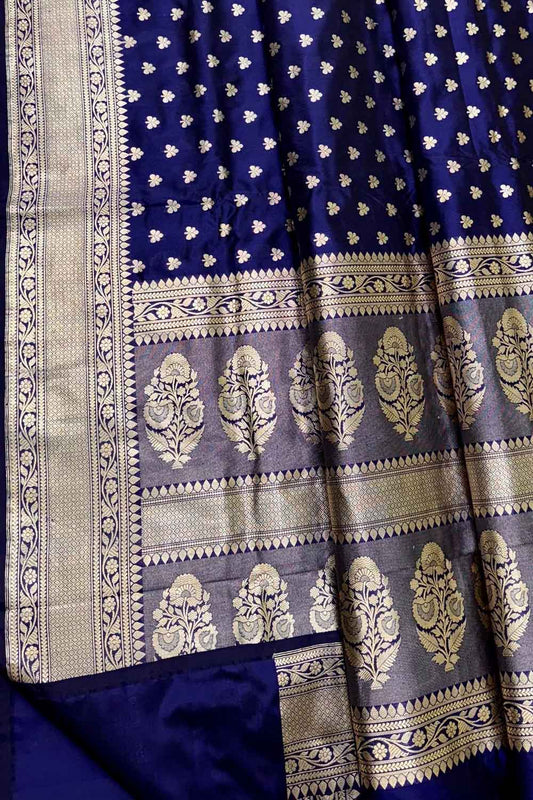 Exquisite Blue Banarasi Handloom Pure Katan Silk Flower Design Saree - Luxurion World