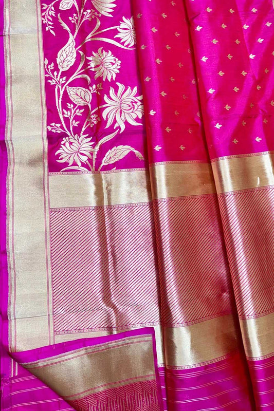Exquisite Pink Banarasi Handloom Pure Katan Silk Flower Design Saree - Luxurion World