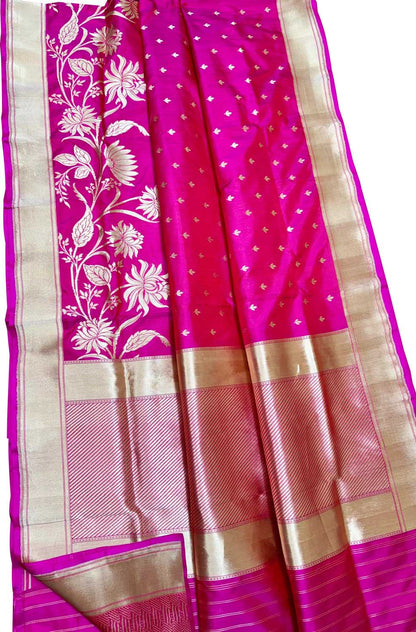 Exquisite Pink Banarasi Handloom Pure Katan Silk Flower Design Saree - Luxurion World