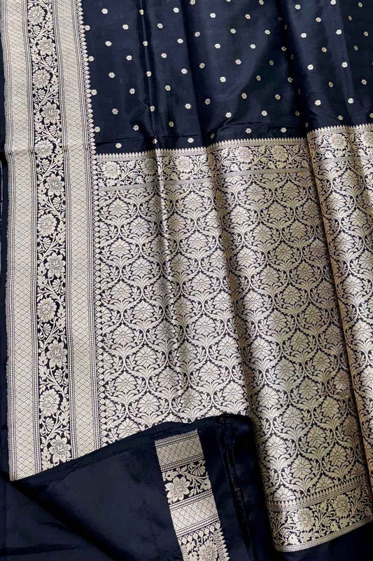 Exquisite Black Banarasi Handloom Pure Katan Silk Small Booti Design Saree - Luxurion World