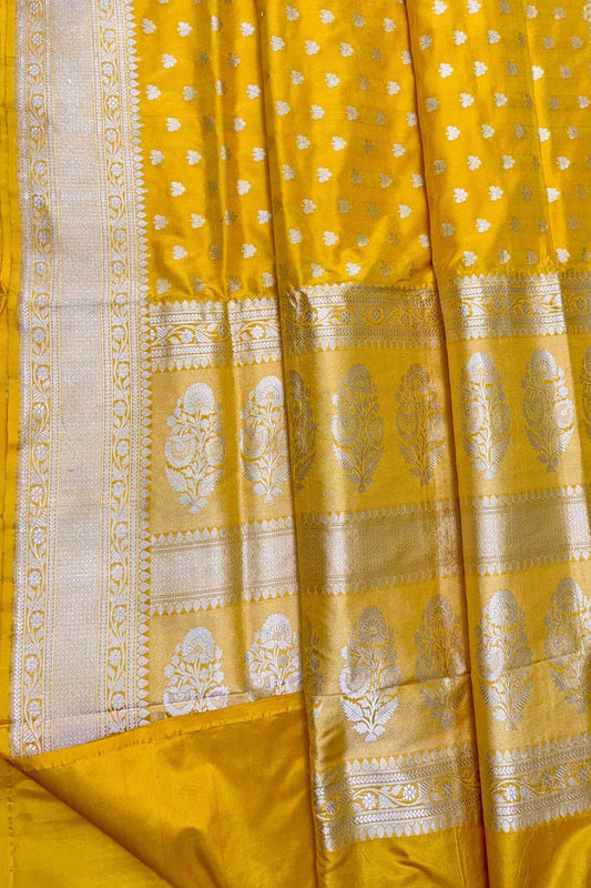 Yellow Banarasi Handloom Pure Katan Silk Flower Design Saree - Luxurion World