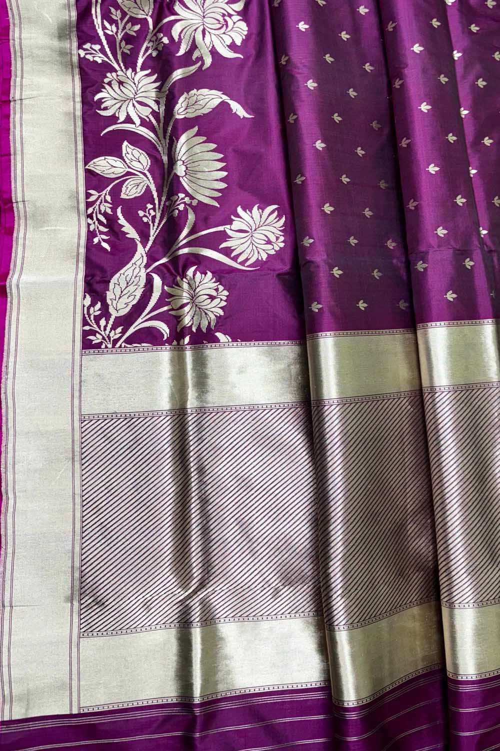 Exquisite Purple Banarasi Handloom Pure Katan Silk Flower Design Saree - Luxurion World