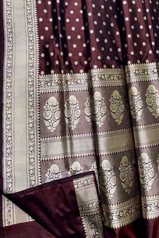 Elegant Maroon Banarasi Handloom Pure Katan Silk Flower Design Saree - Luxurion World