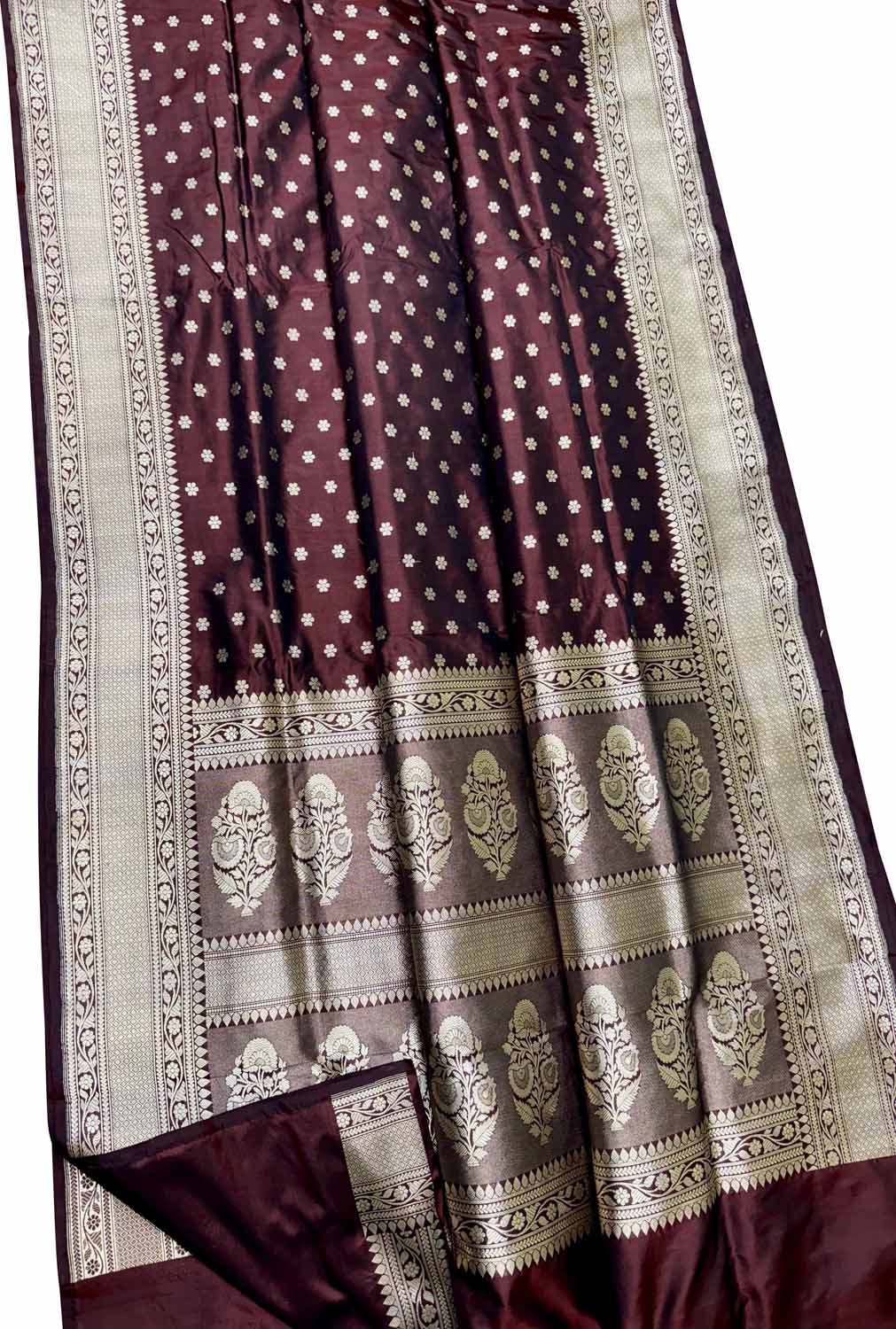 Elegant Maroon Banarasi Handloom Pure Katan Silk Flower Design Saree - Luxurion World