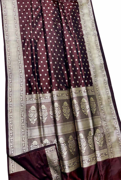 Elegant Maroon Banarasi Handloom Pure Katan Silk Flower Design Saree - Luxurion World