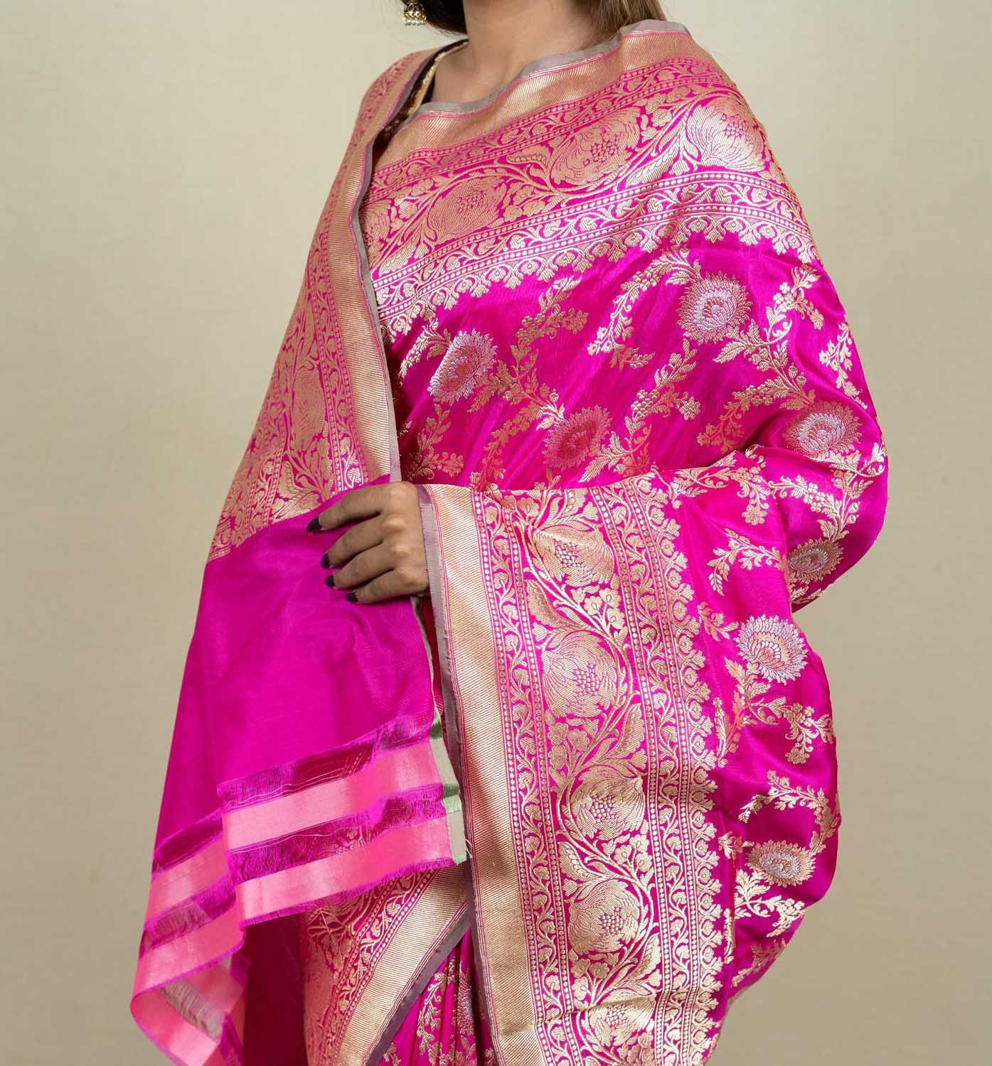 Elegant Pink Banarasi Handloom Meenakari Pure Katan Silk Jangla Kadwa Weaved Saree - Luxurion World