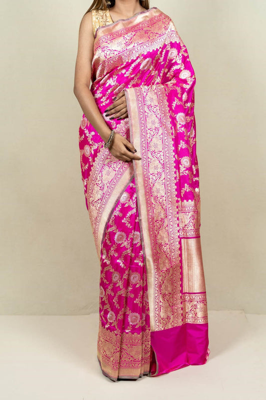 Elegant Pink Banarasi Handloom Meenakari Pure Katan Silk Jangla Kadwa Weaved Saree - Luxurion World