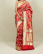 Elegant Red Banarasi Handloom Meenakari Pure Katan Silk Jangla Kadwa Weaved Saree - Luxurion World
