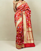 Elegant Red Banarasi Handloom Meenakari Pure Katan Silk Jangla Kadwa Weaved Saree - Luxurion World
