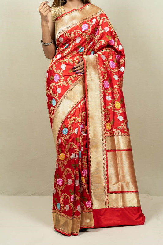 Elegant Red Banarasi Handloom Meenakari Pure Katan Silk Jangla Kadwa Weaved Saree - Luxurion World