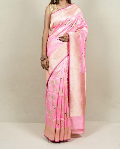 Elegant Pink Banarasi Handloom Meenakari Pure Katan Silk Jangla Kadwa Weaved Saree - Luxurion World