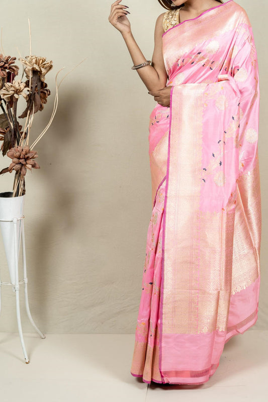 Elegant Pink Banarasi Handloom Meenakari Pure Katan Silk Jangla Kadwa Weaved Saree - Luxurion World