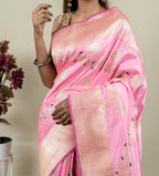 Elegant Pink Banarasi Handloom Meenakari Pure Katan Silk Jangla Kadwa Weaved Saree - Luxurion World