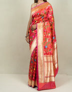 Red & Pink Banarasi Handloom Meenakari Pure Katan Silk Jangla Kadwa Weaved Saree - Luxurion World