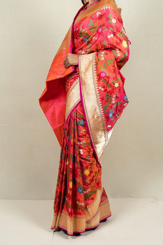 Red & Pink Banarasi Handloom Meenakari Pure Katan Silk Jangla Kadwa Weaved Saree - Luxurion World