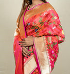 Red & Pink Banarasi Handloom Meenakari Pure Katan Silk Jangla Kadwa Weaved Saree - Luxurion World