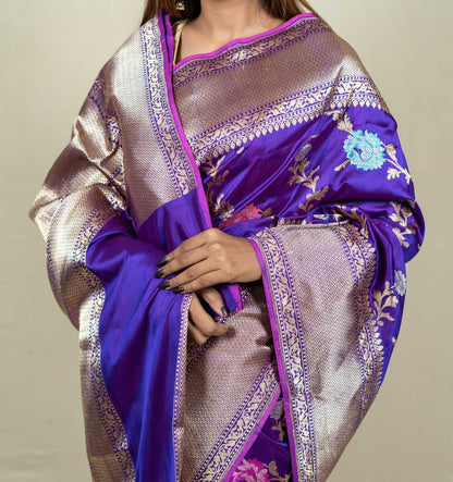 Elegant Purple Banarasi Handloom Meenakari Pure Katan Silk Jangla Kadwa Weaved Saree - Luxurion World