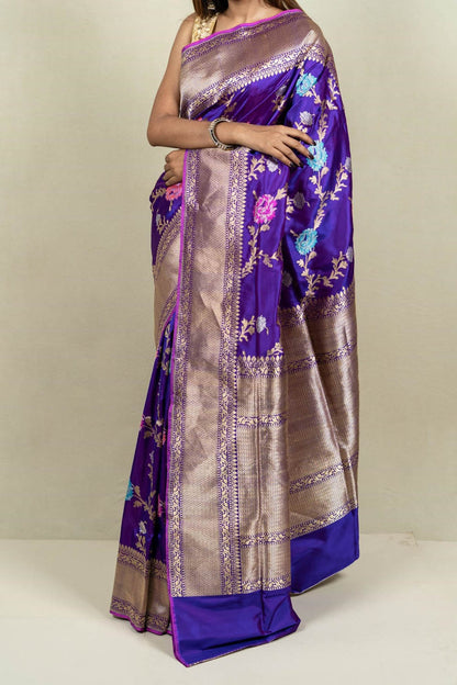Elegant Purple Banarasi Handloom Meenakari Pure Katan Silk Jangla Kadwa Weaved Saree - Luxurion World