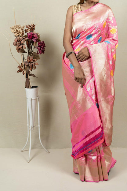 Exquisite Pink Banarasi Handloom Meenakari Pure Katan Silk Jangla Kadwa Weaved Saree - Luxurion World