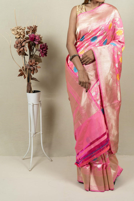 Exquisite Pink Banarasi Handloom Meenakari Pure Katan Silk Jangla Kadwa Weaved Saree - Luxurion World