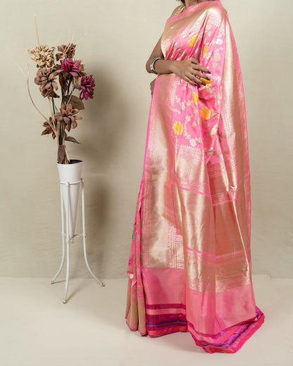 Exquisite Pink Banarasi Handloom Meenakari Pure Katan Silk Jangla Kadwa Weaved Saree - Luxurion World