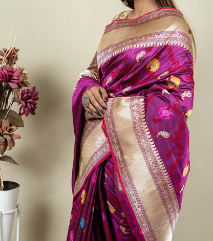 Elegant Purple Banarasi Handloom Meenakari Pure Katan Silk Jangla Kadwa Weaved Saree - Luxurion World