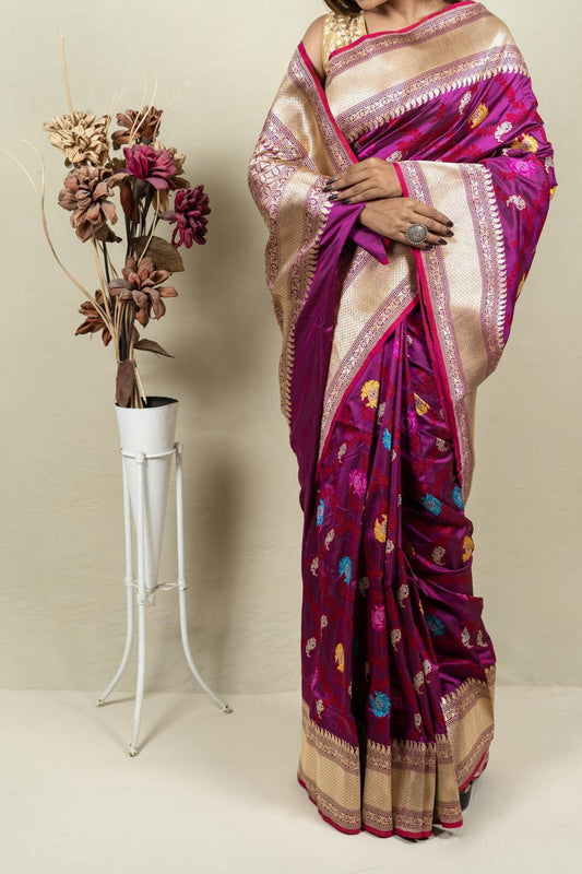 Elegant Purple Banarasi Handloom Meenakari Pure Katan Silk Jangla Kadwa Weaved Saree - Luxurion World
