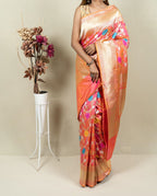Pink & Orange Banarasi Handloom Meenakari Pure Katan Silk Jangla Kadwa Weaved Saree - Luxurion World