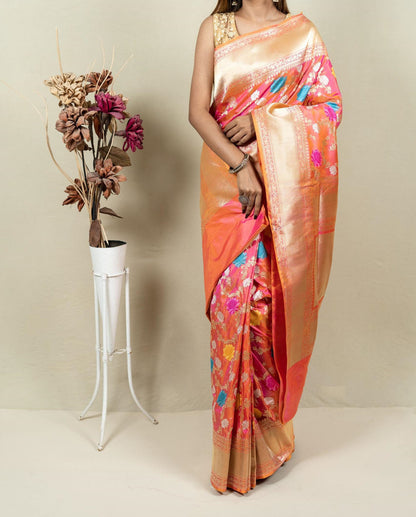 Pink & Orange Banarasi Handloom Meenakari Pure Katan Silk Jangla Kadwa Weaved Saree - Luxurion World