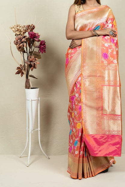 Pink & Orange Banarasi Handloom Meenakari Pure Katan Silk Jangla Kadwa Weaved Saree - Luxurion World