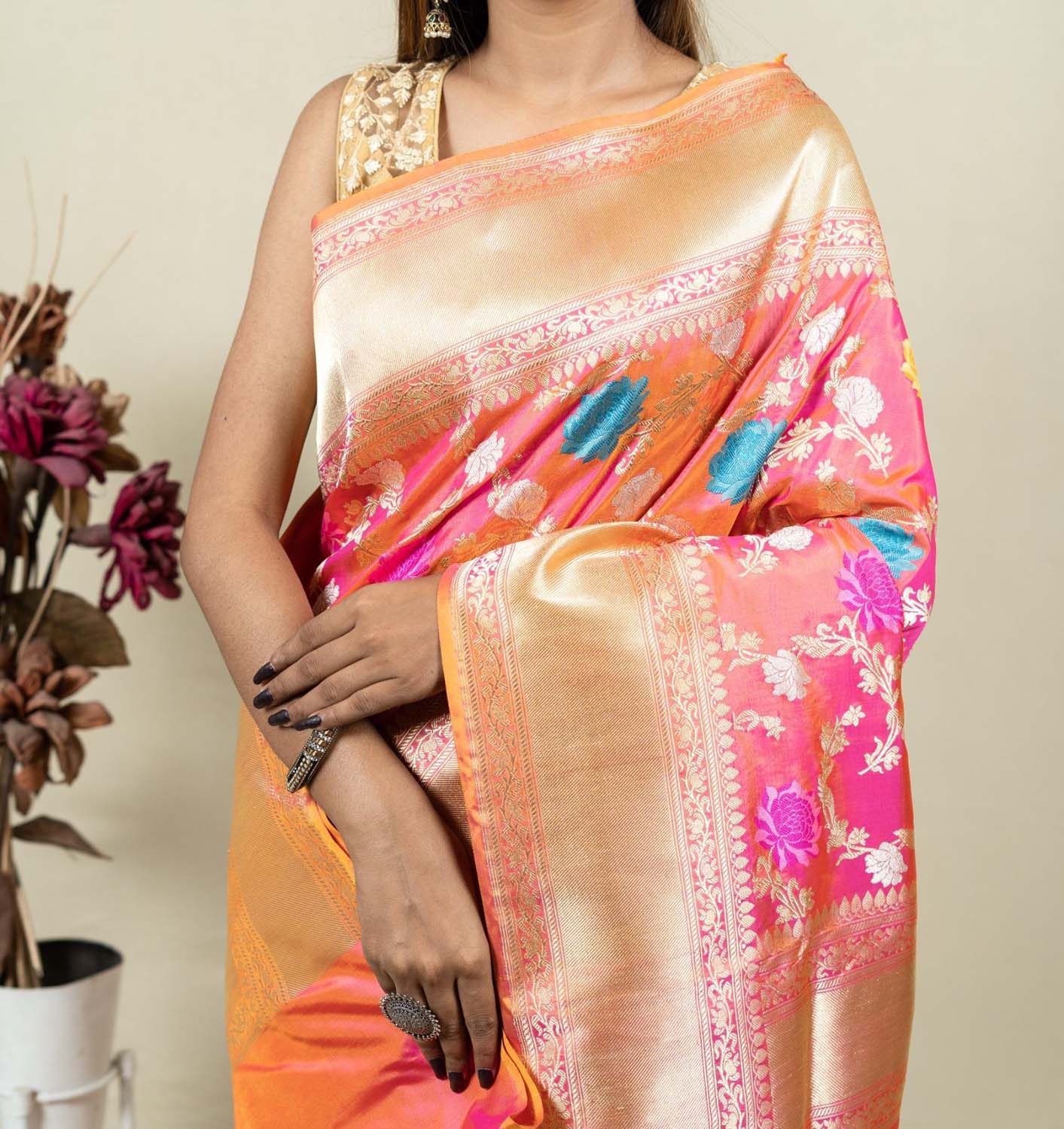 Pink & Orange Banarasi Handloom Meenakari Pure Katan Silk Jangla Kadwa Weaved Saree - Luxurion World