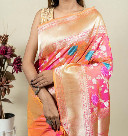 Pink & Orange Banarasi Handloom Meenakari Pure Katan Silk Jangla Kadwa Weaved Saree - Luxurion World
