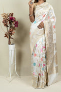 Elegant Off White Banarasi Handloom Meenakari Pure Katan Silk Jangla Kadwa Weaved Saree - Luxurion World