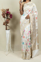 Elegant Off White Banarasi Handloom Meenakari Pure Katan Silk Jangla Kadwa Weaved Saree - Luxurion World