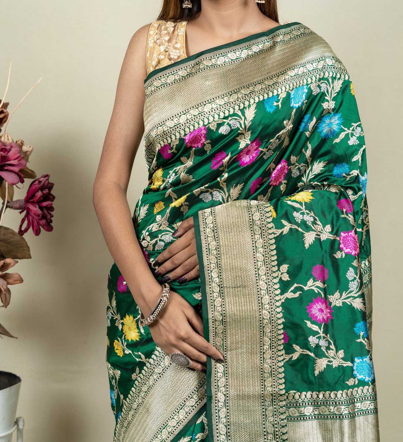 Elegant Green Banarasi Handloom Meenakari Pure Katan Silk Jangla Kadwa Weaved Saree - Luxurion World
