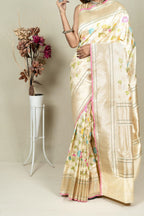 Elegant Pastel Banarasi Handloom Meenakari Pure Katan Silk Jangla Kadwa Weaved Saree - Luxurion World