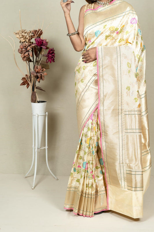 Elegant Pastel Banarasi Handloom Meenakari Pure Katan Silk Jangla Kadwa Weaved Saree - Luxurion World