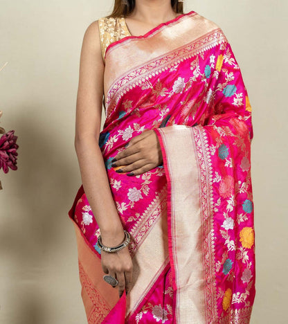 Elegant Pink Banarasi Handloom Meenakari Pure Katan Silk Jangla Kadwa Weaved Saree - Luxurion World