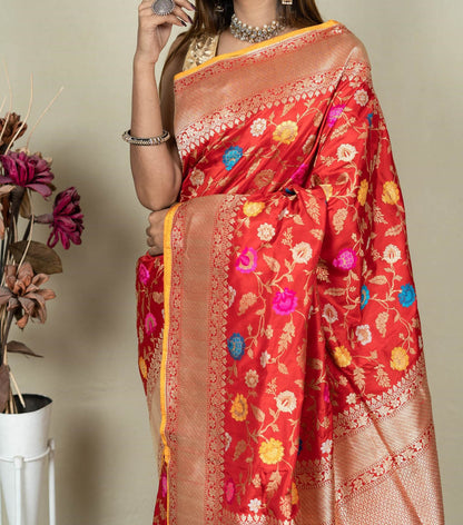 Exquisite Red Banarasi Handloom Meenakari Pure Katan Silk Jangla Kadwa Weaved Saree - Luxurion World