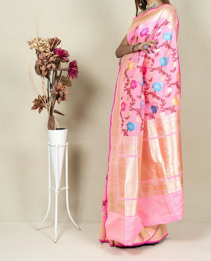 Elegant Pink Banarasi Handloom Meenakari Pure Katan Silk Jangla Kadwa Weaved Saree - Luxurion World