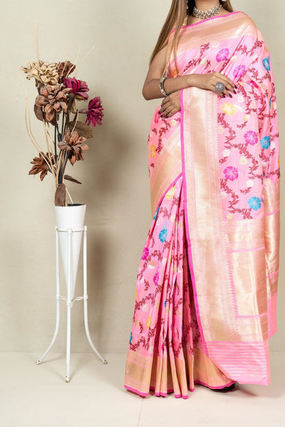 Elegant Pink Banarasi Handloom Meenakari Pure Katan Silk Jangla Kadwa Weaved Saree - Luxurion World