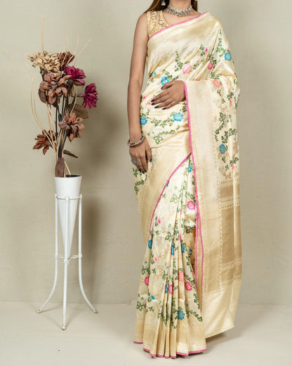 Elegant Pastel Banarasi Handloom Meenakari Pure Katan Silk Jangla Kadwa Weaved Saree - Luxurion World
