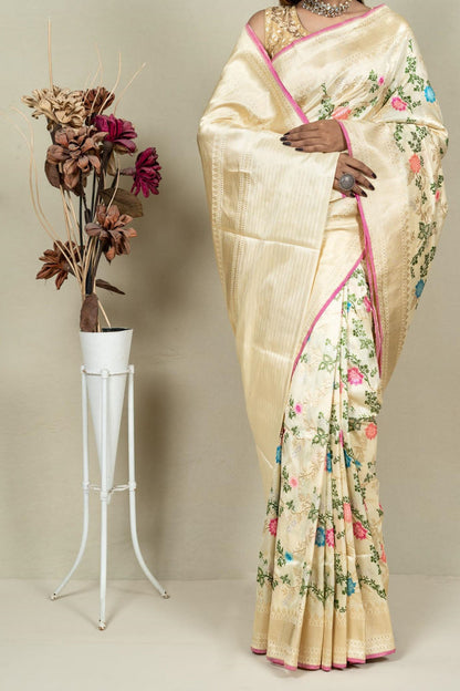 Elegant Pastel Banarasi Handloom Meenakari Pure Katan Silk Jangla Kadwa Weaved Saree - Luxurion World